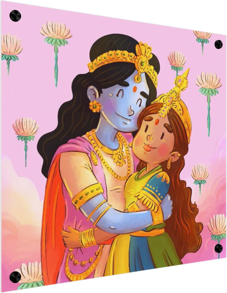 Cute Animated Radha Krishna Art Print wall art print — acrylic preview | PrintPosters.in